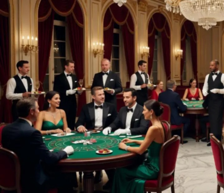 Luksusowa gala casino z gośćmi w wieczorowych strojach i elegancką scenografią