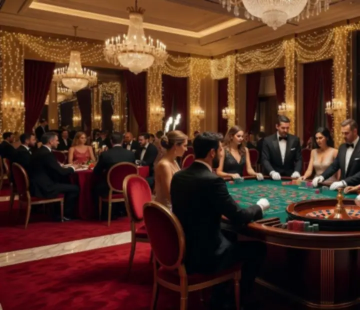 Elegancka gala firmowa w stylu kasyna Monte Carlo z oświetlonym stołem do ruletki i gośćmi w wieczorowych kreacjach