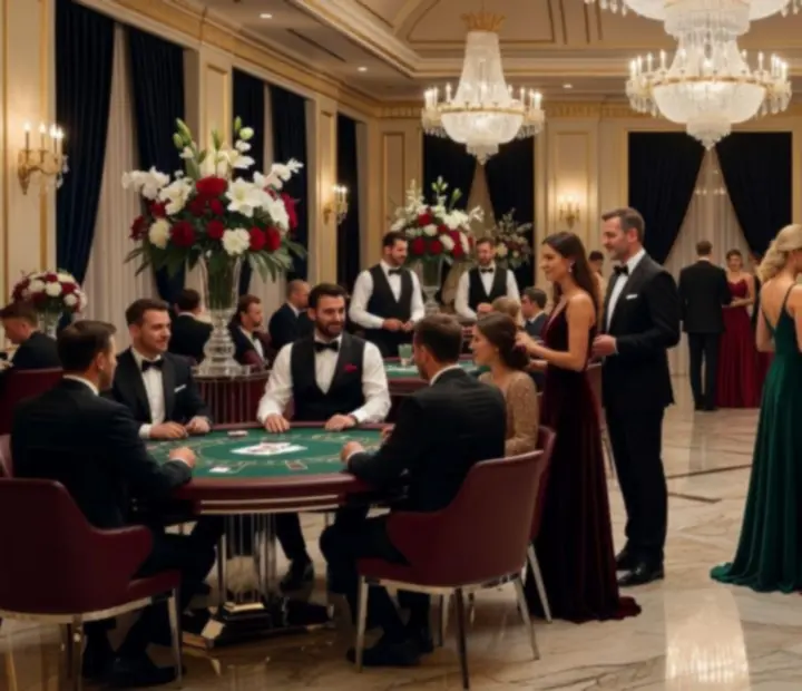 Cinematic ujęcie luksusowego eventu korporacyjnego z kasynem tematycznym i gośćmi przy stołach