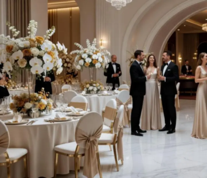 Luksusowa galowa sala korporacyjna z elegancką sceną, oświetleniem i stołami w oprawie premium