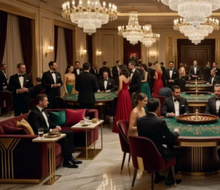 Cinematiczna scena luksusowego eventu kasynowego z eleganckimi stołami do gry i gośćmi podczas wieczornej gali