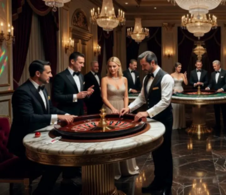 Elegancka scena rozrywki kasynowej z luksusowymi stołami do gier