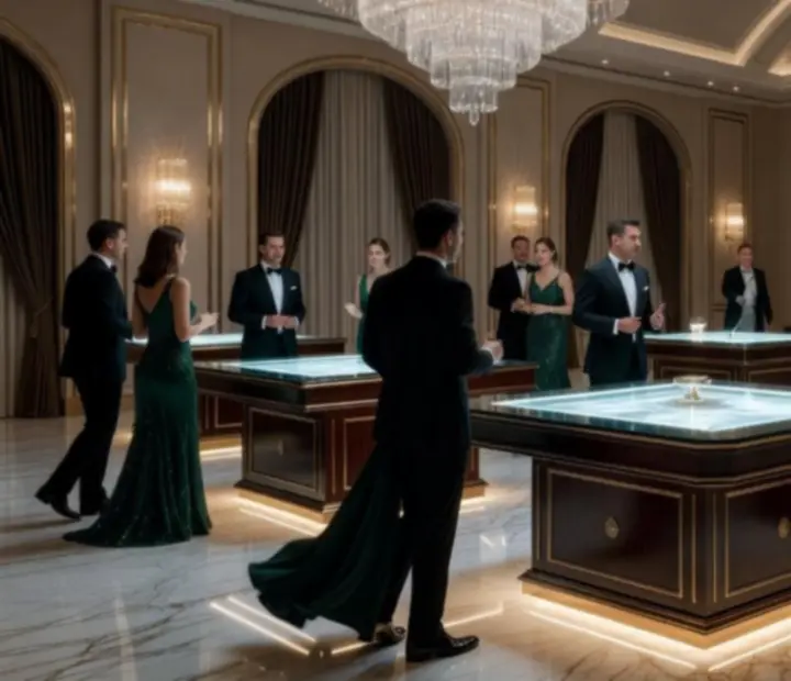 Nowoczesna aranżacja luksusowego eventu casino z elegancką scenografią świetlną
