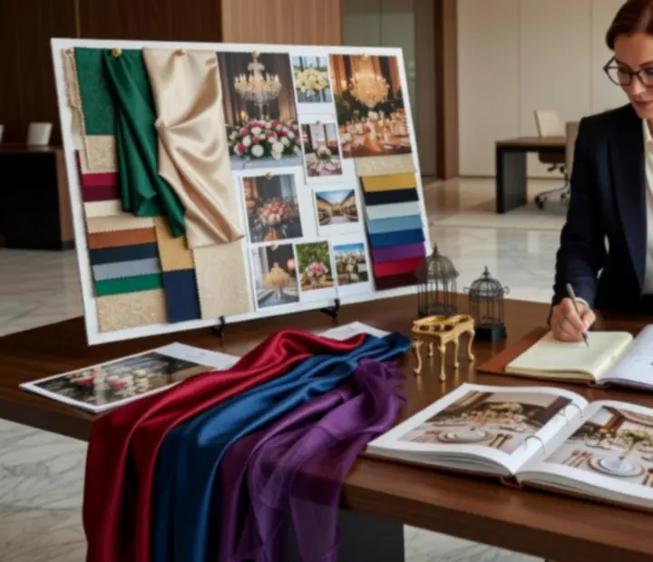 Ekspert eventowy omawiający plan eleganckiego przyjęcia firmowego