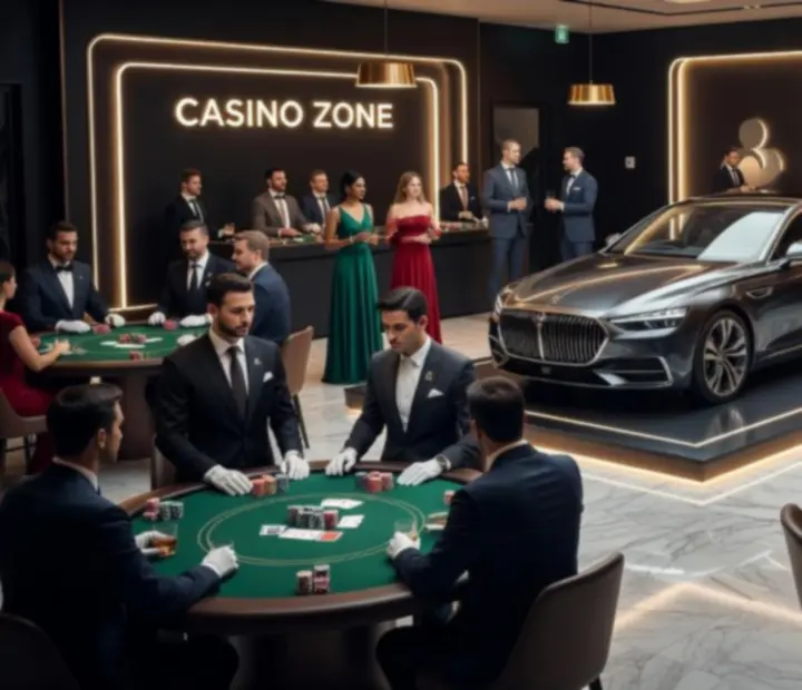 Premiera produktu motoryzacyjnego z elegancką aranżacją sali i stołami kasynowymi jako częścią scenografii