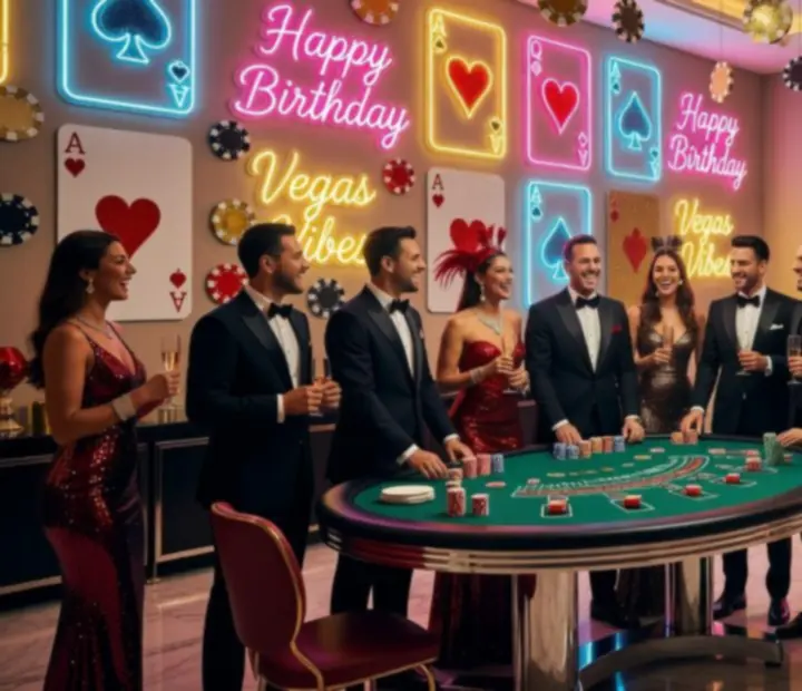 Prywatne urodziny w klimacie Las Vegas z kolorowym światłem, stołami do gry i bawiącymi się gośćmi