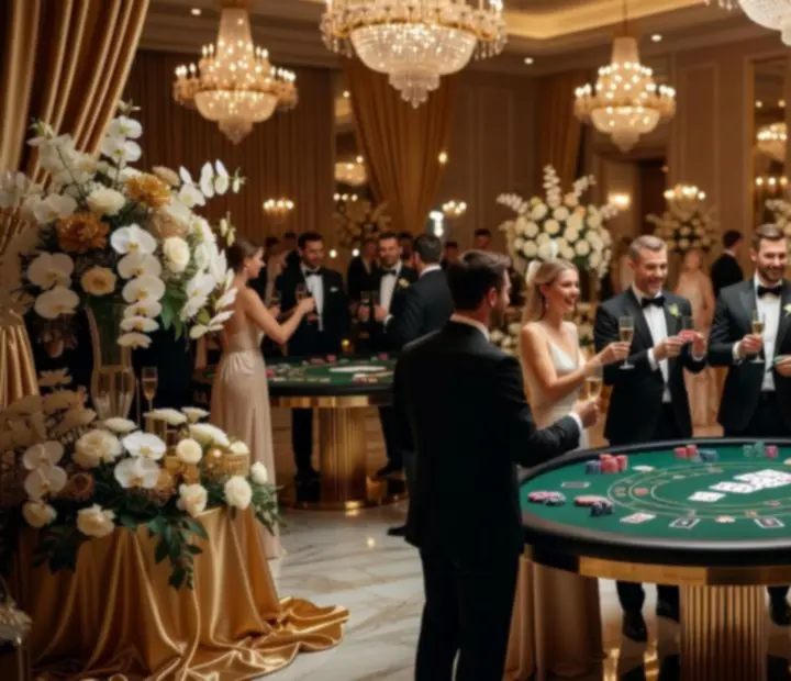 Wesele glamour z eleganckimi stołami pokerowymi i luksusowym wystrojem sali